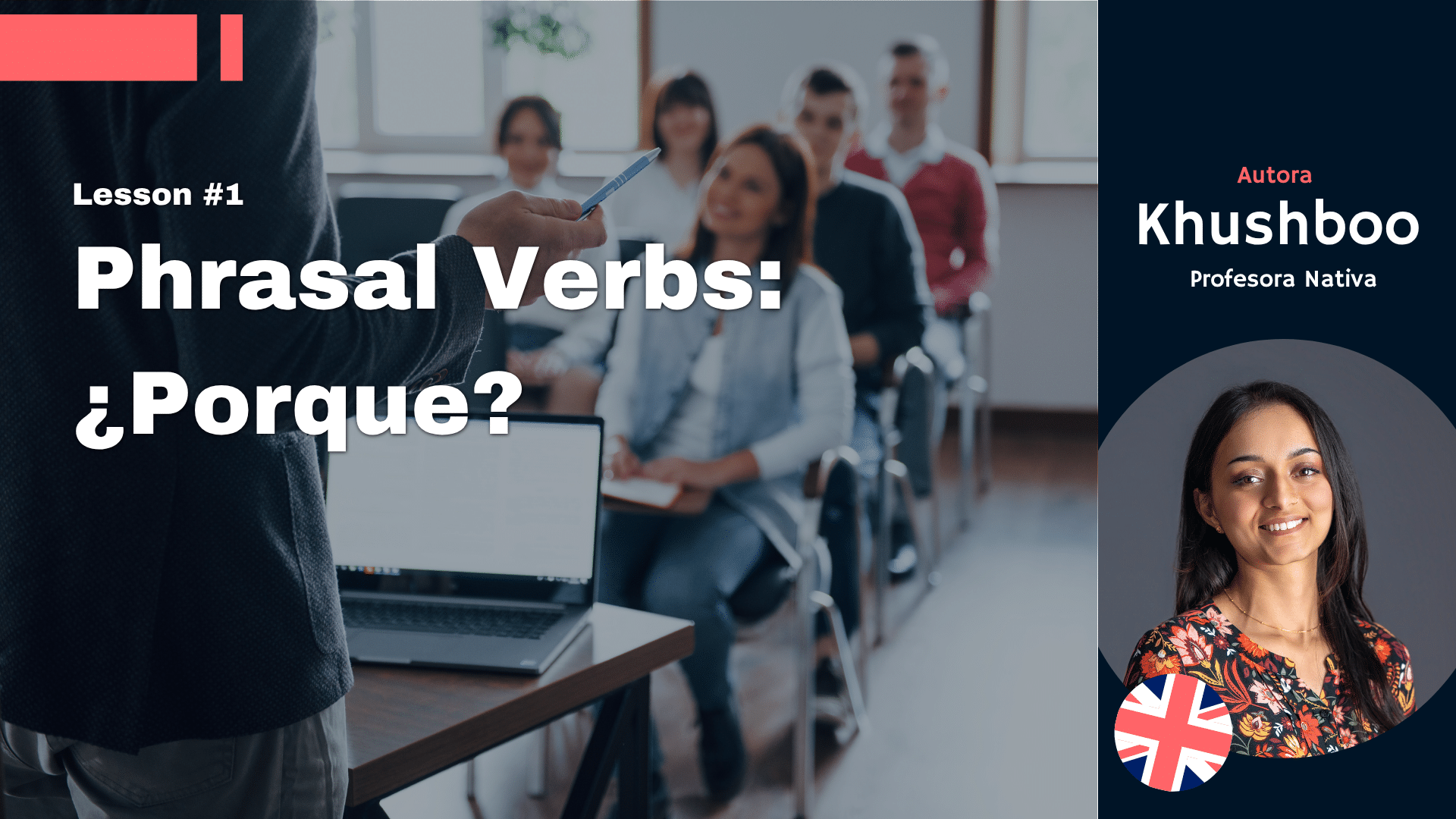 Phrasal verbs en la oficina, verbos frasales para uso en el trabajo, banner con autora profesora nativa
